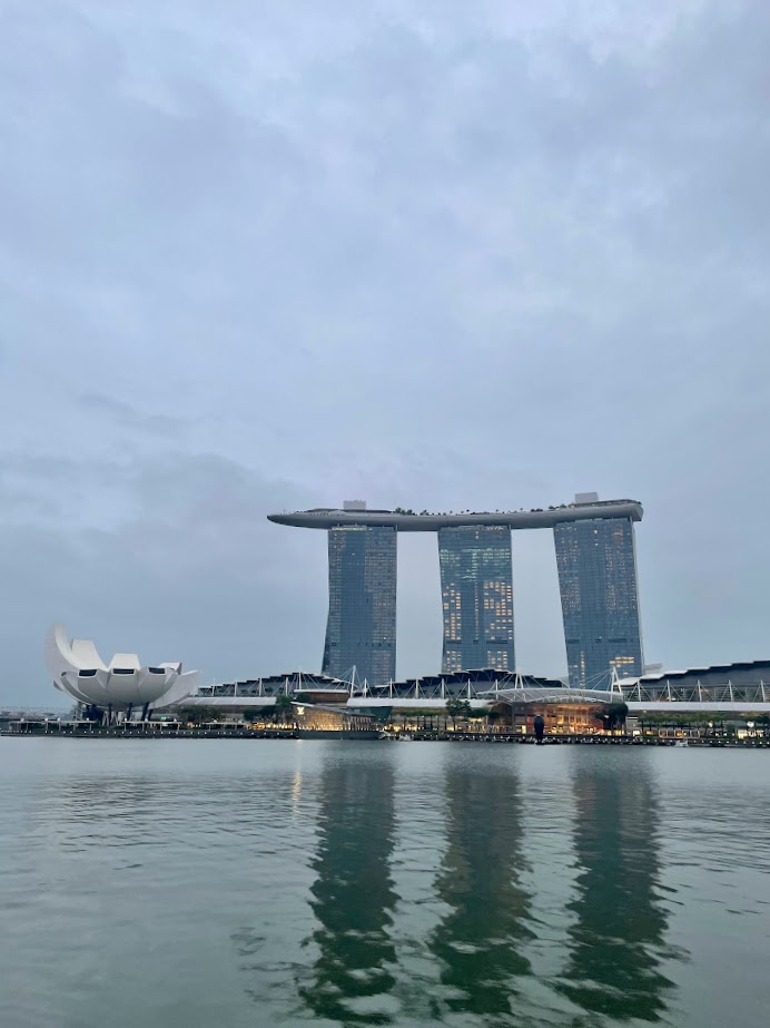 Marina bay sands from the harbor while raining