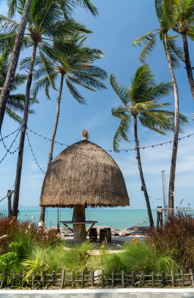 a hut on the beach surrounded by palm trees