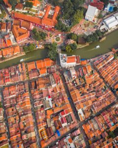 red buildings and river of melaka malaysia from above