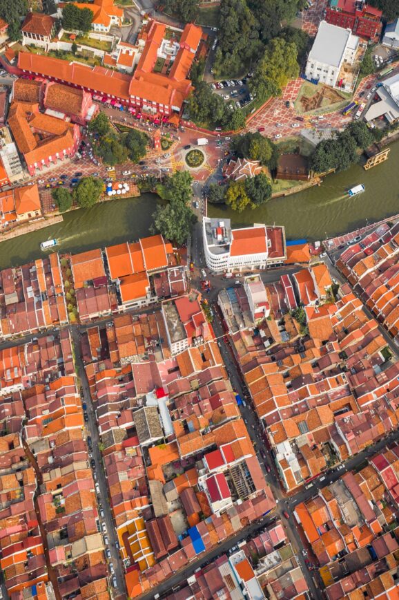 red buildings and river of melaka malaysia from above